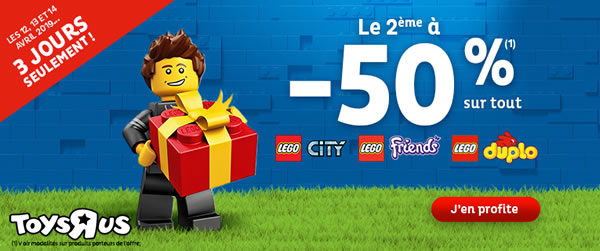 Chez Toys R Us : 50% de réduction immédiate sur le 2ème produit LEGO acheté Chez Toys R Us : 50% de réduction immédiate sur le 2ème produit LEGO acheté