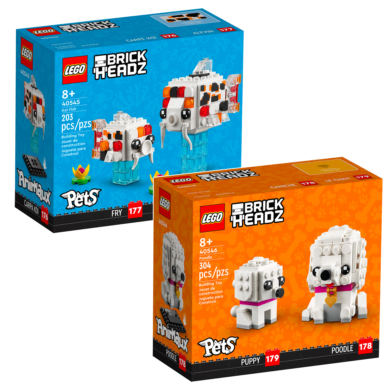 LEGO BrickHeadz Pets 2022 uustulnuk: 40545 koi kala ja 40546 puudlit