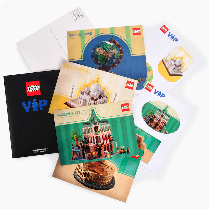 On the VIP rewards center: postcards and stickers for your suitcase