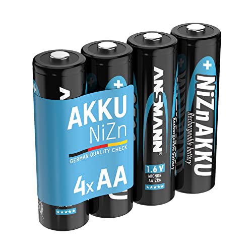 Baterai Isi Ulang ANSMANN 2500mWh 1,6V NiZn AA (Paket berisi 4) - Baterai ZR6 Nikel-Seng untuk Alat Kesehatan, Mainan Anak, Senter, dll. – Baterai self-discharge rendah