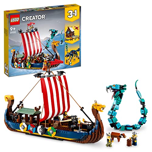 LEGO 31132 Creator 3-en-1 Le Bateau Viking et Le Serpent de Midgard: Set Transformable en Maison avec Dragon ou Loup, Jouet Multifonction Stimulant l'Imagination, Idée Cadeau pour Enfants