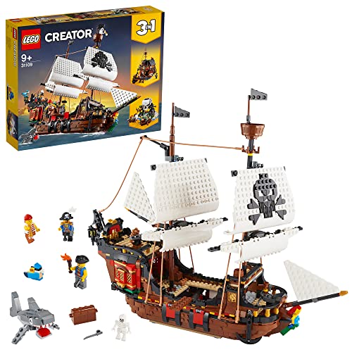 LEGO Creator 31109 Nave dei pirati 3 in 1: giocattolo educativo, avventura creativa, ricostruibile nella locanda e nell'isola del teschio, per bambini dai 9 anni in su