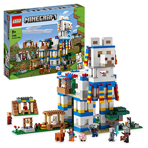 LEGO 21188 Minecraft The Llama Village, играчка къща, с минифигурки селянин, селянин, овца и диамантен меч, идея за подарък за рожден ден