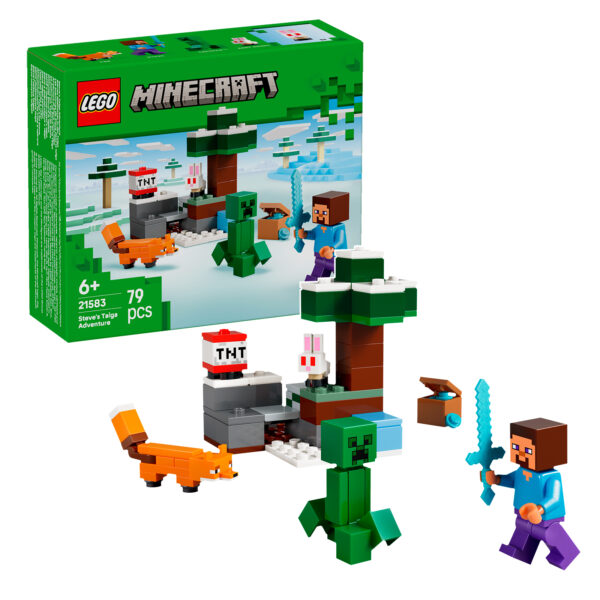 LEGO Minecraft Steve's Taiga Aventure set, figurines, animaux, sapin, blocs de construction pour enfants, jeu créatif, construction de chalet, protection contre la montagne, accessoires de jeu pour enfants.