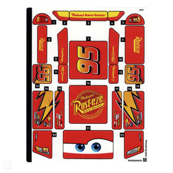 Image d'un autocollant de décoration de voiture à thème "Cars" avec le numéro 95, des lightning bolts, et des logos de sponsorships de course, parfait pour la personnalisation de véhicules ou de sets LEGO.